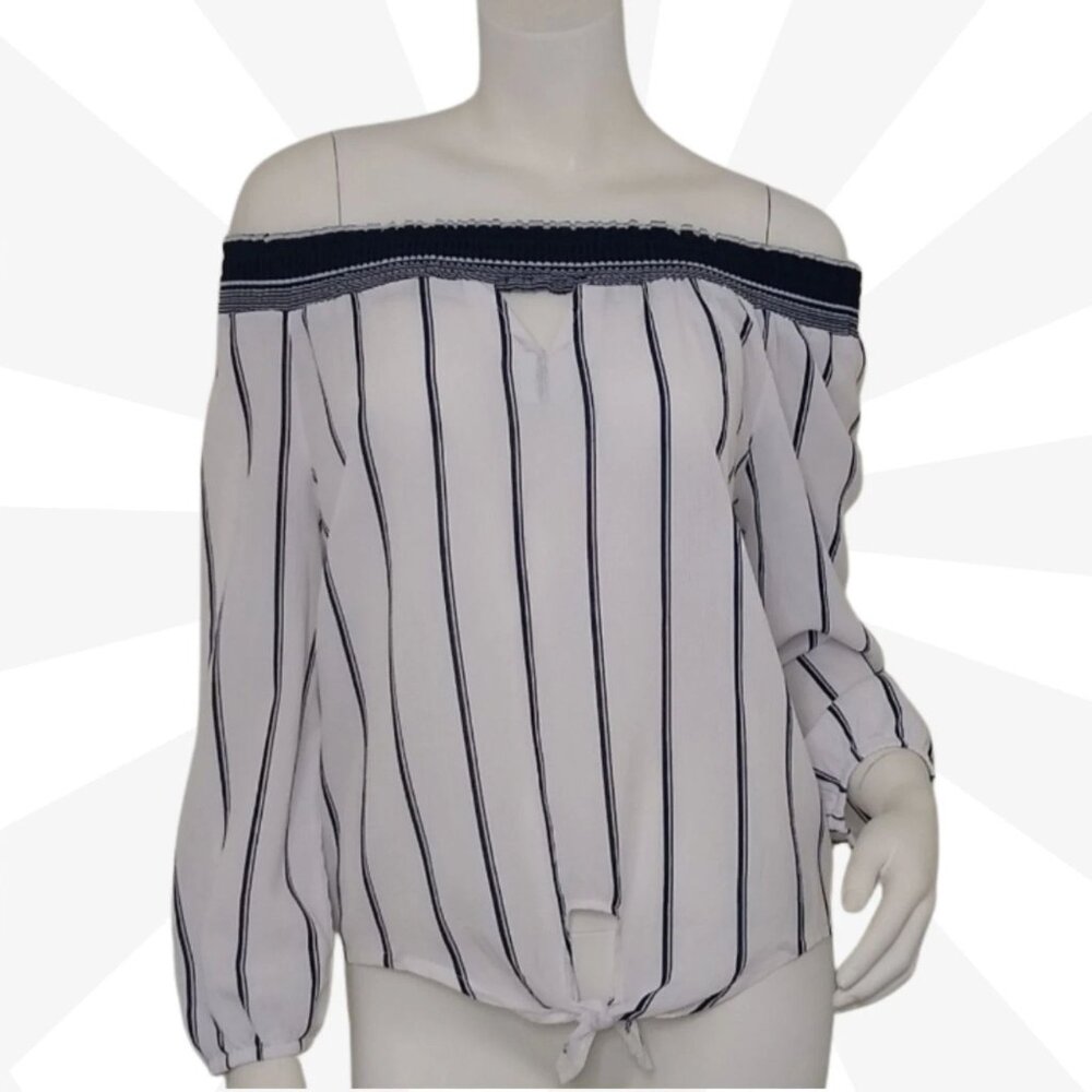 No Boundaries Top Size Medium White Blue Stripe Off Shoulder Knit Peasant